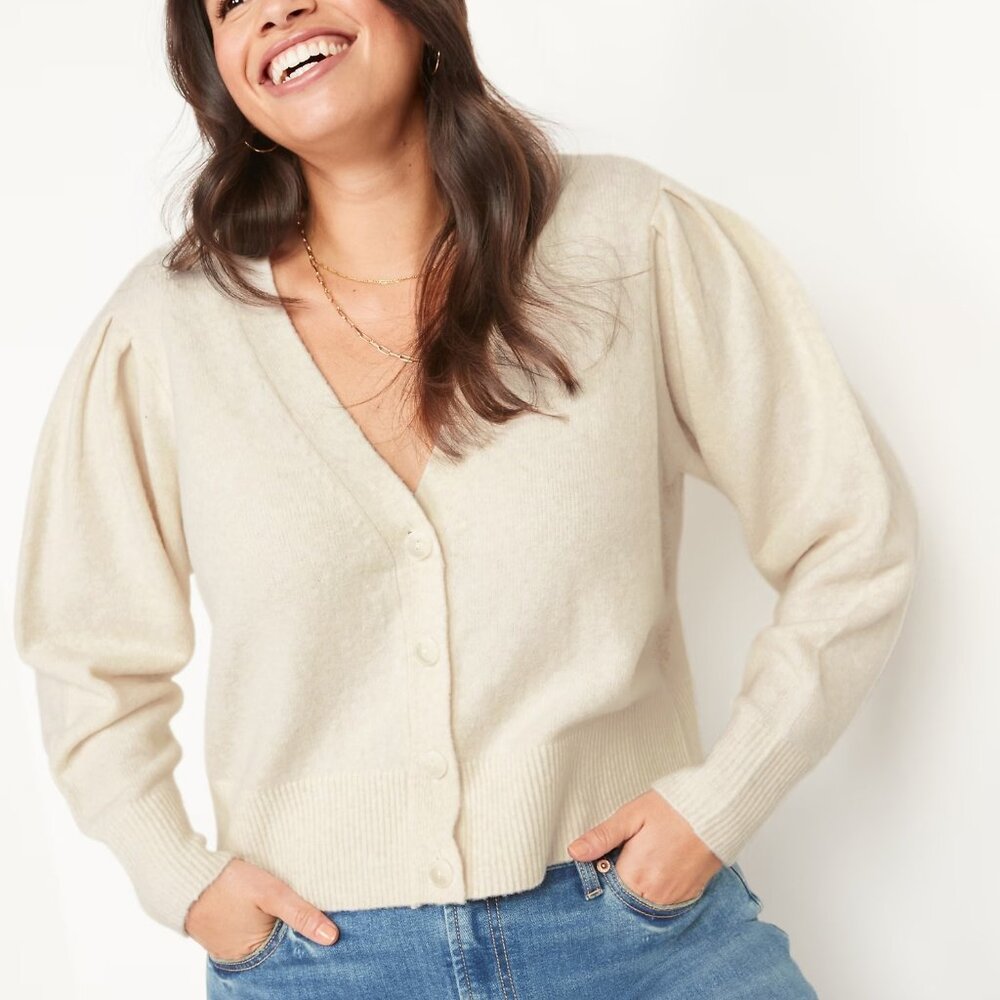 Old Navy Cream Long Puff Sleeve Cardigan Sweater Womens XL NWT
